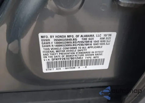 2007 Honda Pilot Ex-L z USA, uszkodzony, nr VIN 5FNYF28707B012451